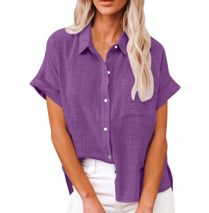 A Amazon wish summer new European and American cross-border women's clothing solid color linen shirt short sleeve casual loose shirt