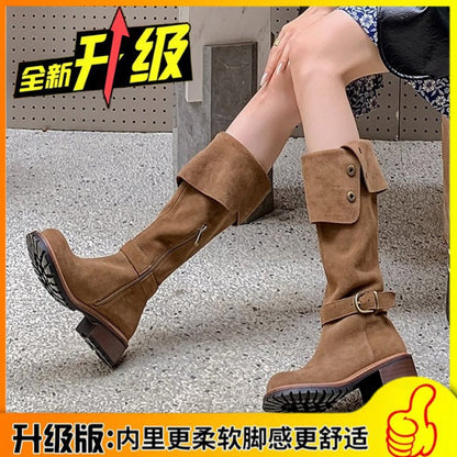 A boots summer women's medium heel versatile stacking boots matte high boots thin but knee boots stand alone