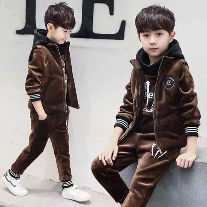 A three-piece boys fleece thicker suit medium and large children's autumn and winter clothes handsome Internet celebrity sports tide children's clothing boys