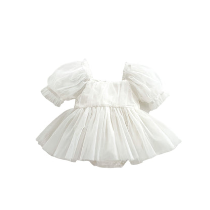 A Baby spring and summer puff sleeve bag fart clothes, baby girl big bow mesh skirt, newborn year-old princess crawling clothes