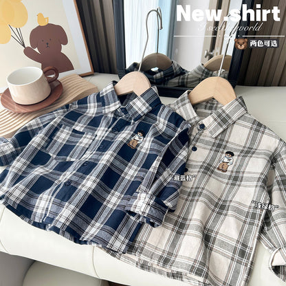 Spring Children's Wear Boys Children's Cotton Plaid Medium and Big Kids Cartoon Long Sleeve Shirt Shirt 0.16KG