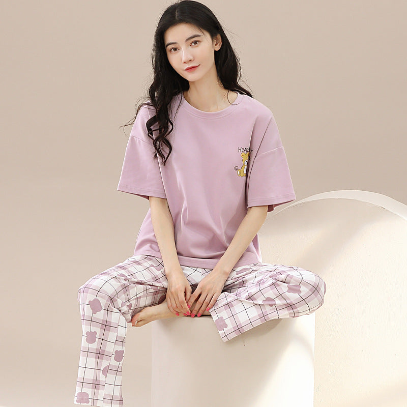 A pajamas women's summer women's pure cotton thin cool short-sleeved trousers round neck summer large-size women's loungewear suit