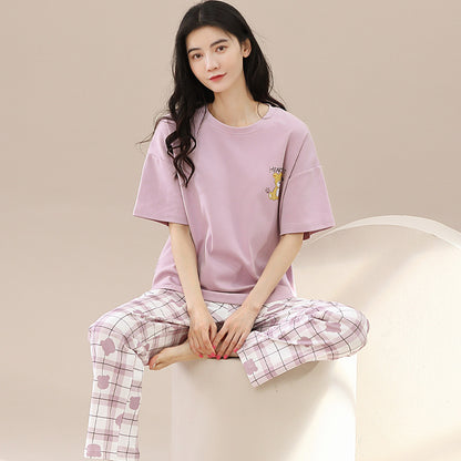 A pajamas women's summer women's pure cotton thin cool short-sleeved trousers round neck summer large-size women's loungewear suit