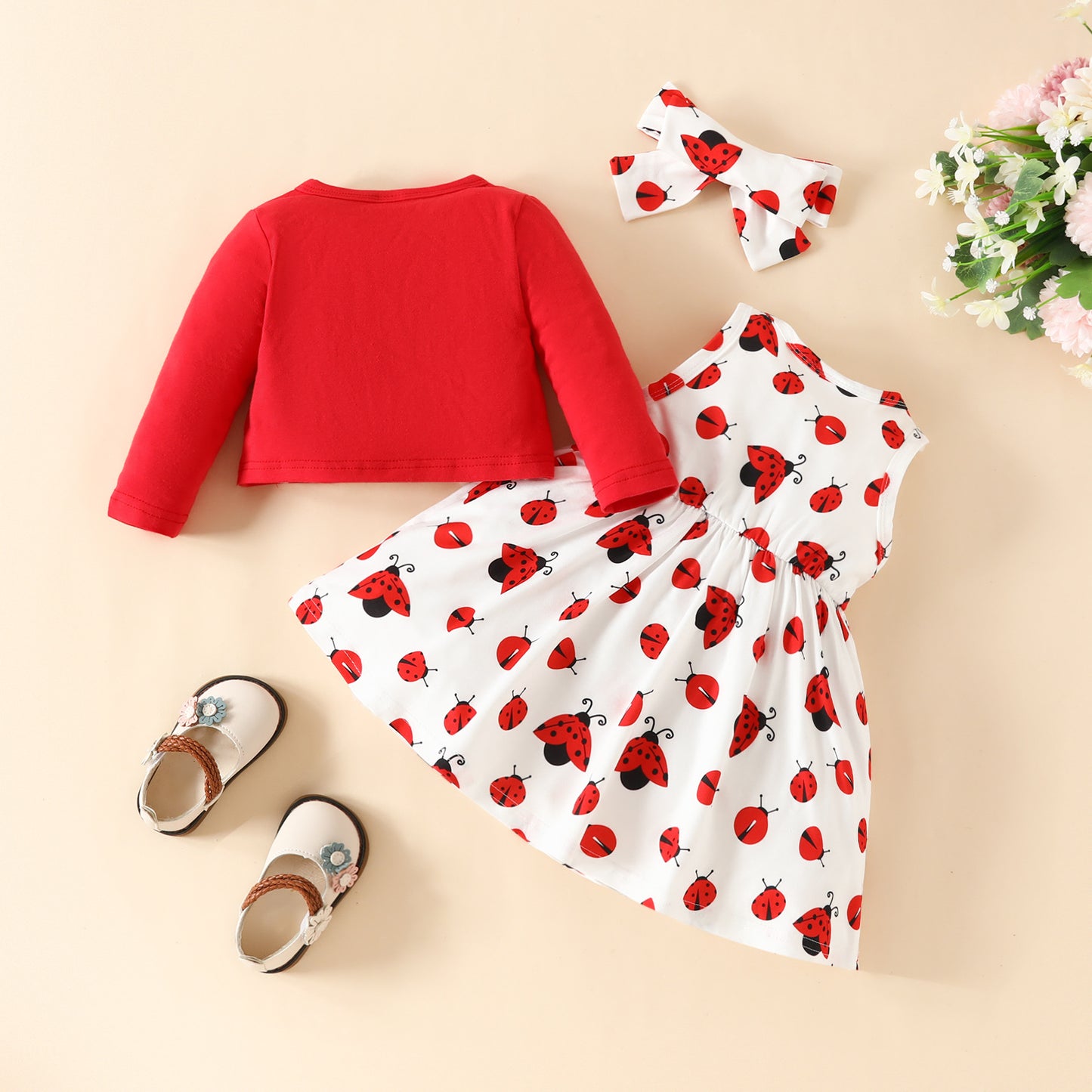 Baby Autumn New Solid Color Long Sleeve Cardigan Jacket Beetle Sleeveless Dress Ladybug Print Suit Skirt 0.2kg