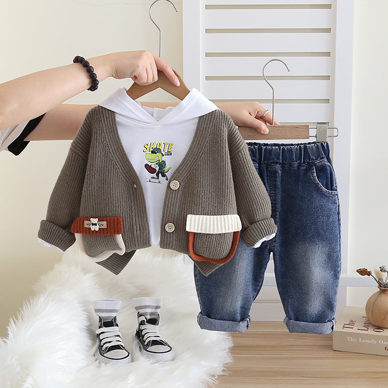 A Boys Autumn Clothing Set Children's 2024 New Boys Spring and Autumn Color Matching Pocket Long Sleeve Sweater Three-piece Set