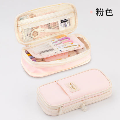 Un estuche para lápices de estilo japonés y coreano en colores macarrones a juego se puede transformar en un estuche para lápices de papelería mejorado de gran capacidad. 