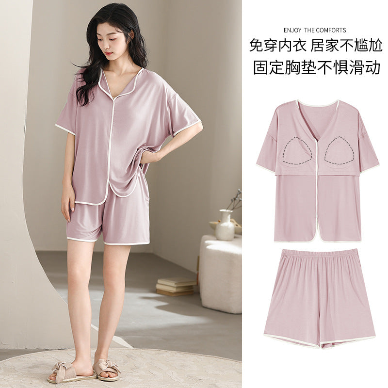 A 2024 Modal pajamas women's summer thin short-sleeved shorts anti-bumps with chest pads loungewear suit can be worn outside