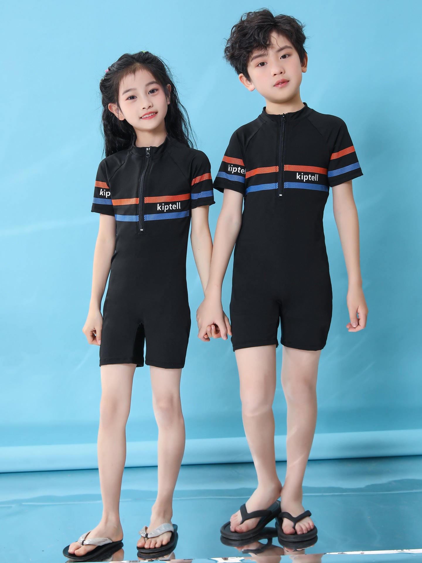 Traje de baño de ángulo plano de manga corta para niños pequeños, medianos y grandes, niños y niñas, traje de baño para padres e hijos, versión coreana, traje de entrenamiento de secado rápido para hermanos, 0,1 kg 