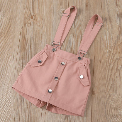 New children's clothing solid color hollow fly sleeve round neck top with detachable straps, shorts, and skirts 0.2kg