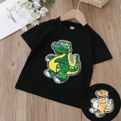 Camiseta de manga corta para niños, ropa para niñas pequeñas, camiseta de verano con lentejuelas que cambian de color, camiseta de media manga suelta extranjera, envío directo de una pieza 