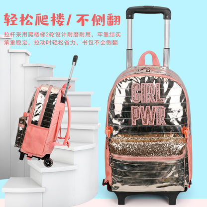 A Korean version PU leather trolley schoolbag for elementary school students 1-3-5 grade three-piece set cartoon embroidery backpack for boys and girls