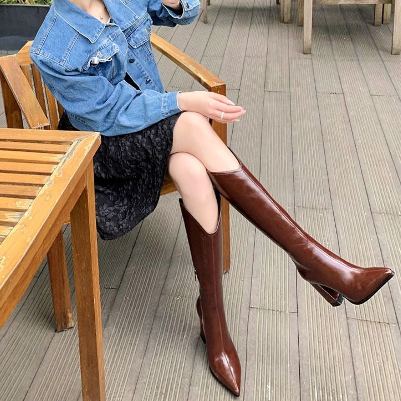 A but knee boots women wear autumn and winter 2023 pointed thick heel knight boots Chelsea V-mouth thin boots