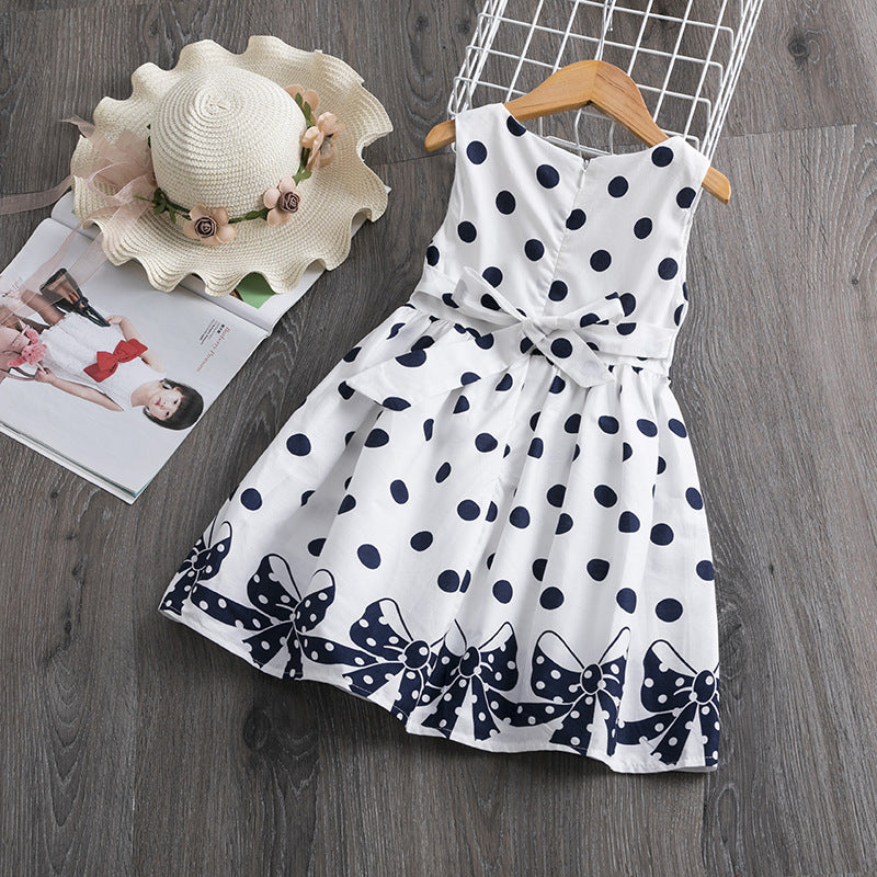 Vestido de verano para niñas, estilo extranjero coreano, falda para niños, vestido con lazo y lunares, 0,2 kg 