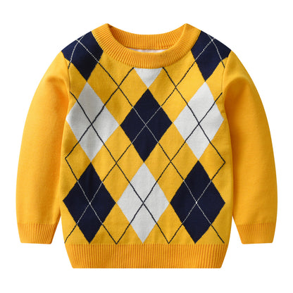 A factory direct sales of new European, American autumn and winter children's plaid sweater double-layer boy baby pullover bottoming knitted sweater