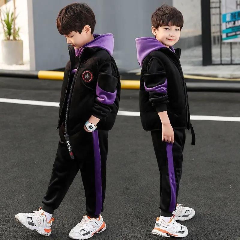 A boys autumn and winter suit new fleece thickened sweater three-piece set medium and older children's Korean version double-sided fleece children's clothing