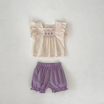 A 2024 Summer New Infant and Toddler Girl Flying Sleeves Embroidered Top+Butt Shorts 2-piece Set