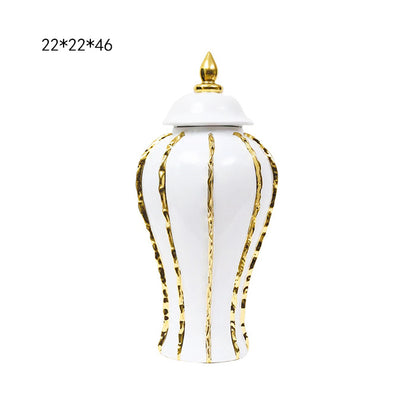 European style light luxury electroplated ceramic striped general jar open large vase model room living room hotel foyer decoration 1kg