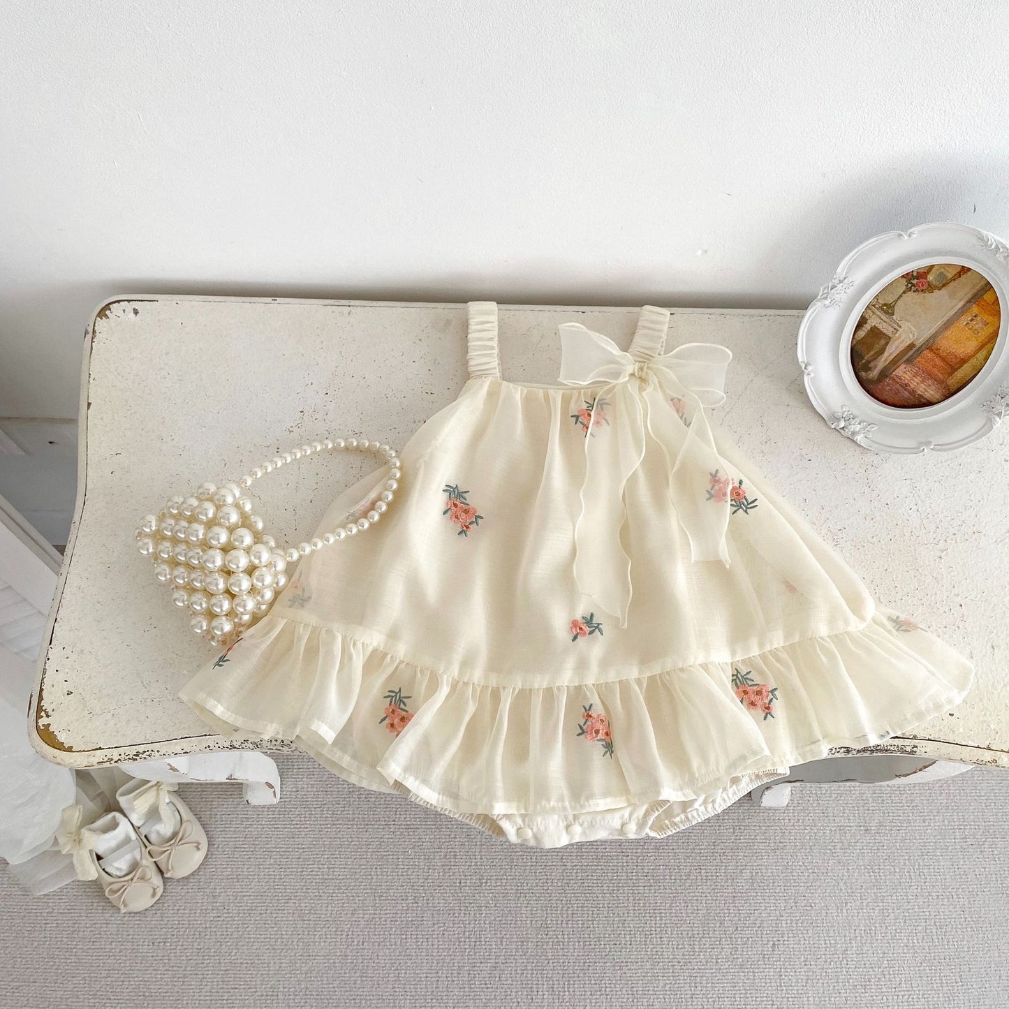 A ins summer online celebrity female baby sling bag fart dress embroidered khaki dress girl one-year-old gift princess gauze dress climbing clothes