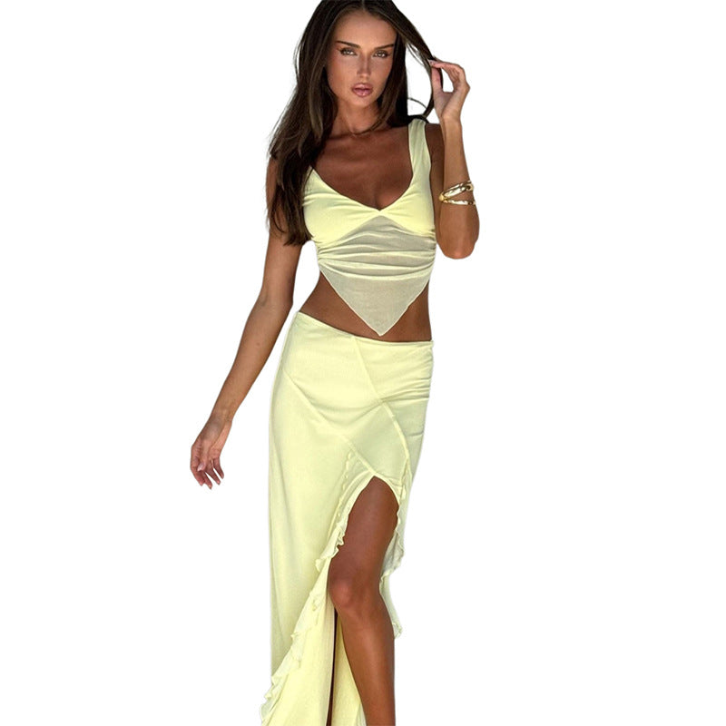 A European and American style 2024 summer fashion sexy semi-perspective strap top versatile wave slit skirt suit women