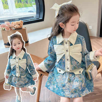 Traje de niña con fragancia pequeña, traje de primavera, nueva versión coreana para niñas, chaqueta con estampado floral, falda, conjunto de dos piezas, 0,49 kg 