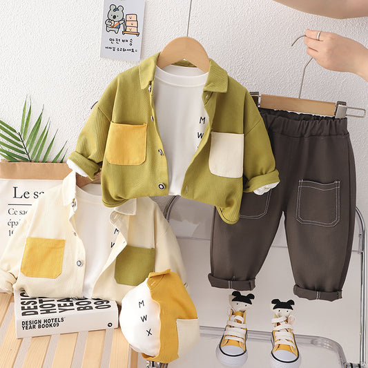 Ropa infantil, niño, camisa de color bebé, niño pequeño y mediano, otoño niño manga larga otoño niño, conjunto de tres piezas de 0,25 kg 