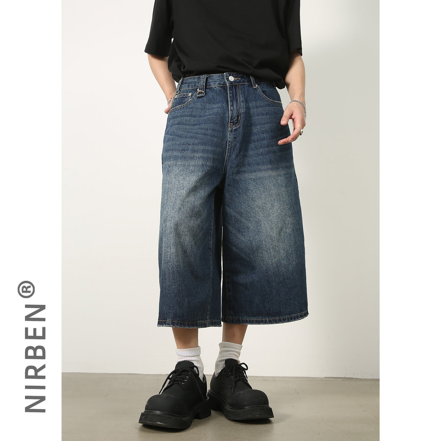 A nirben denim | Summer loose silhouette washed retro old seven-point straight denim shorts male tide