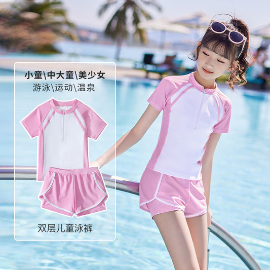 A girls swimsuit split two-piece sports style Boxer conservative girls, small, medium and large children leisure swimming outfit 0.22KG