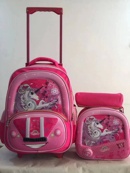 A three piece set of pull rod backpack, student 16 inch PU backpack, pencil case, medium backpack, children's backpack, three wheel square pole