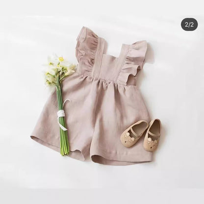 A 2024 summer girl baby cotton linen one-piece shorts strap one-piece children's clothes baby one-piece clothes and crawling clothes