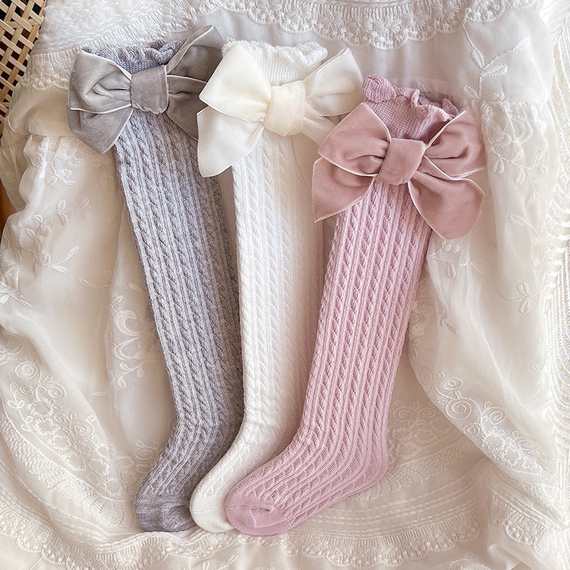 A flannel bow children's socks heel-less lace knee stockings baby medium stockings baby socks