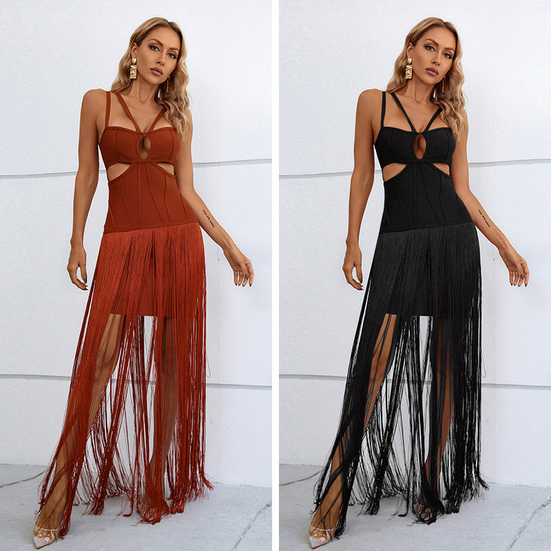 A fringed dress premium European and American dress ins style new retro suspenders slim bandages long babes sexy