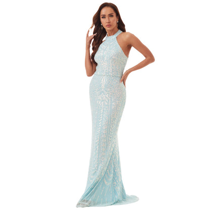 A 2024 new sequined banquet evening dress dress femininity socialites annual meeting host sexy neck fishtail long