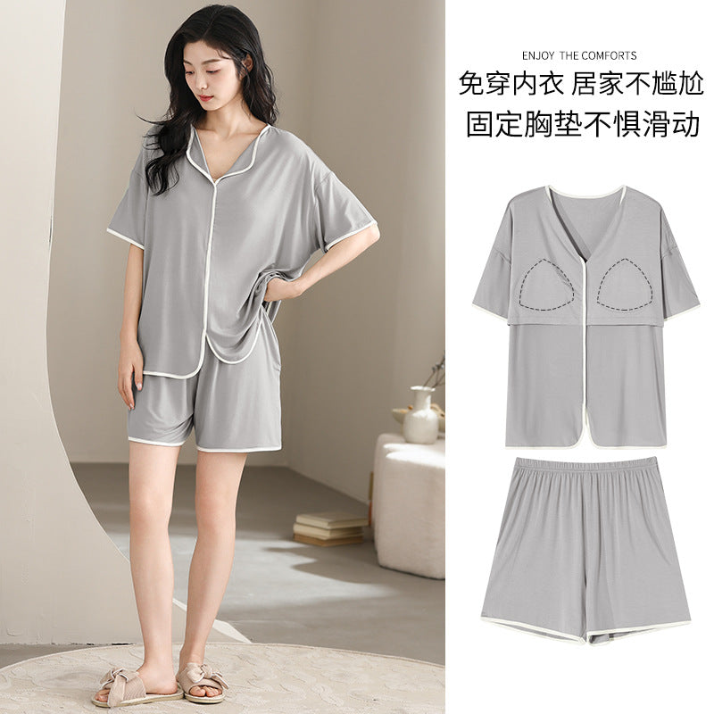 A 2024 Modal pajamas women's summer thin short-sleeved shorts anti-bumps with chest pads loungewear suit can be worn outside