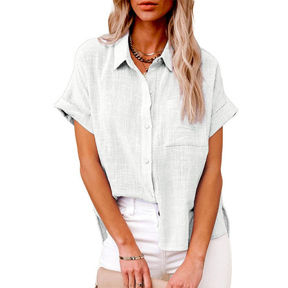 A Amazon wish summer new European and American cross-border women's clothing solid color linen shirt short sleeve casual loose shirt