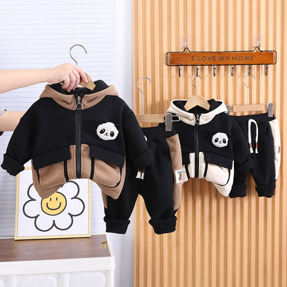 A Winter fleece thickened casual hooded cartoon sweater color matching trousers two-piece set one-year-old boy baby autumn and winter clothing