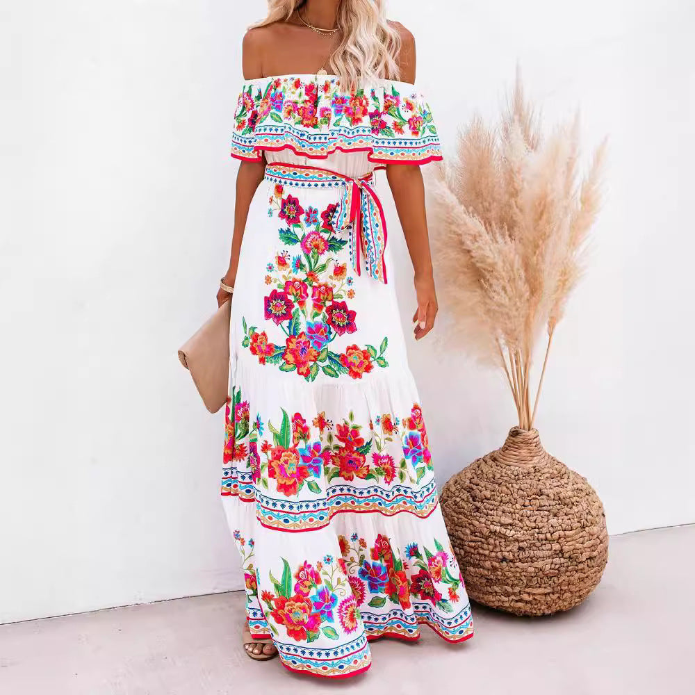 A 2024 European, American spring and summer independent station Amazon's new one-word shoulder red flower printing long pendulum dress