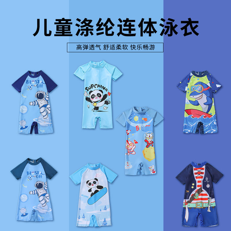 A children's swimsuit, boys and girls, one piece short sleeved sports swimsuit, middle and large children's student cartoon casual swimsuit wholesale 0.14KG