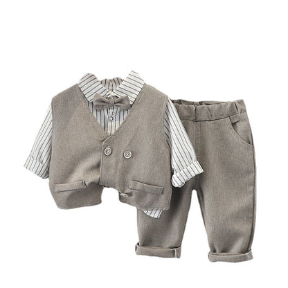 A Children's British Striped Long Sleeve Shirt Autumn Clothing Boys' Double-breasted Suit Vest Cardigan Children's Suit Three-piece Set