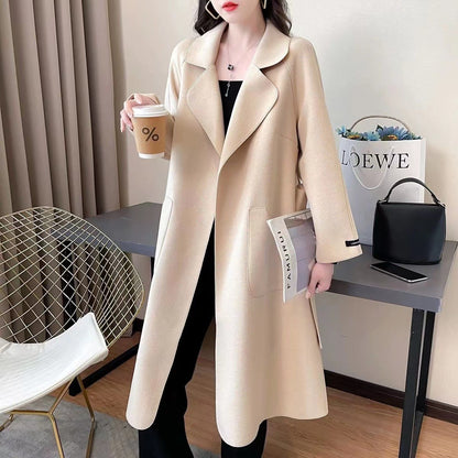 A autumn and winter new double-sided woolen coat women's lace-up medium and long Korean version loose fashion thin coat