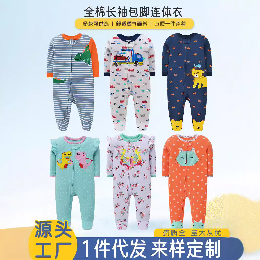 A Foreign trade baby foot-wrapped onesie long-sleeved cotton thin baby four-season air-conditioned clothing pajamas and socks climbing clothing