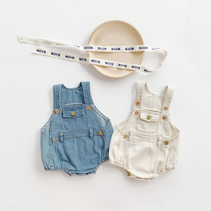 A ins summer Korean version baby and toddler boys and girls sleeveless denim bag butt jumpsuit with shoulder strap climbing suit and hat