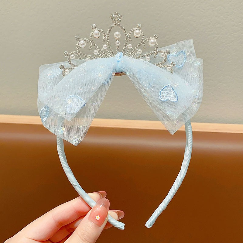 PRICE FOR 10 PIECE Princess temperament Crown tiara little girl gauze bow Pearl hairband pleated lace embroidered headband hairpin (weight:0.05kg)