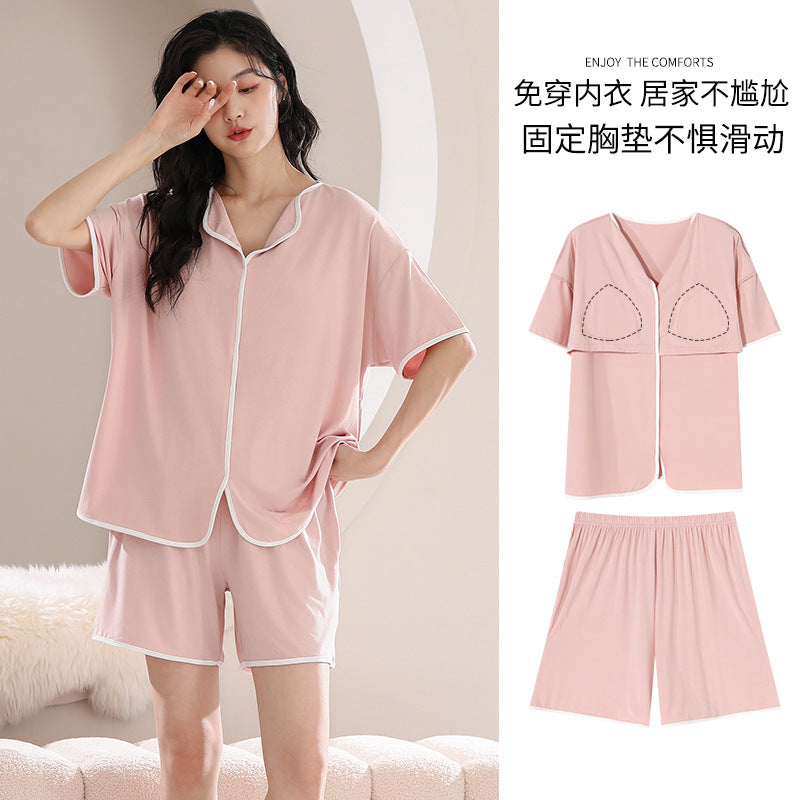 A 2024 Modal pajamas women's summer thin short-sleeved shorts anti-bumps with chest pads loungewear suit can be worn outside