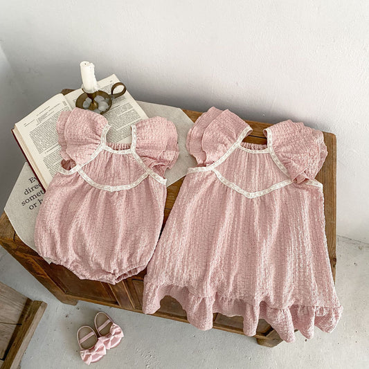 A 2024 summer new baby girl sister outfit sweet dress cute double flying sleeve kids hayi crawler skirt