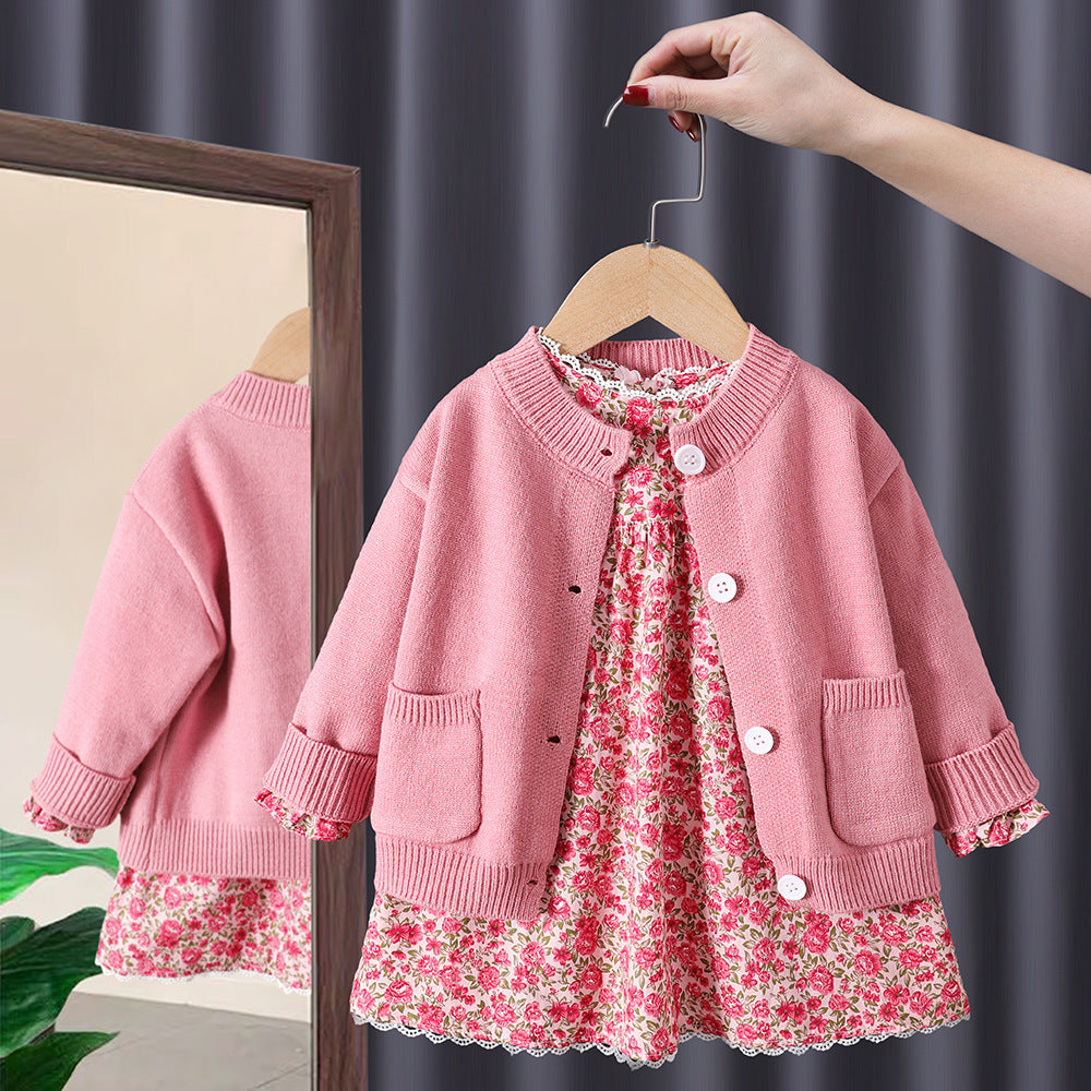 Chaqueta de suéter rosa melocotón para niñas, ropa de otoño 2023, vestido floral dulce Chaoxian para bebés, conjunto de falda para niños, 0,2 kg