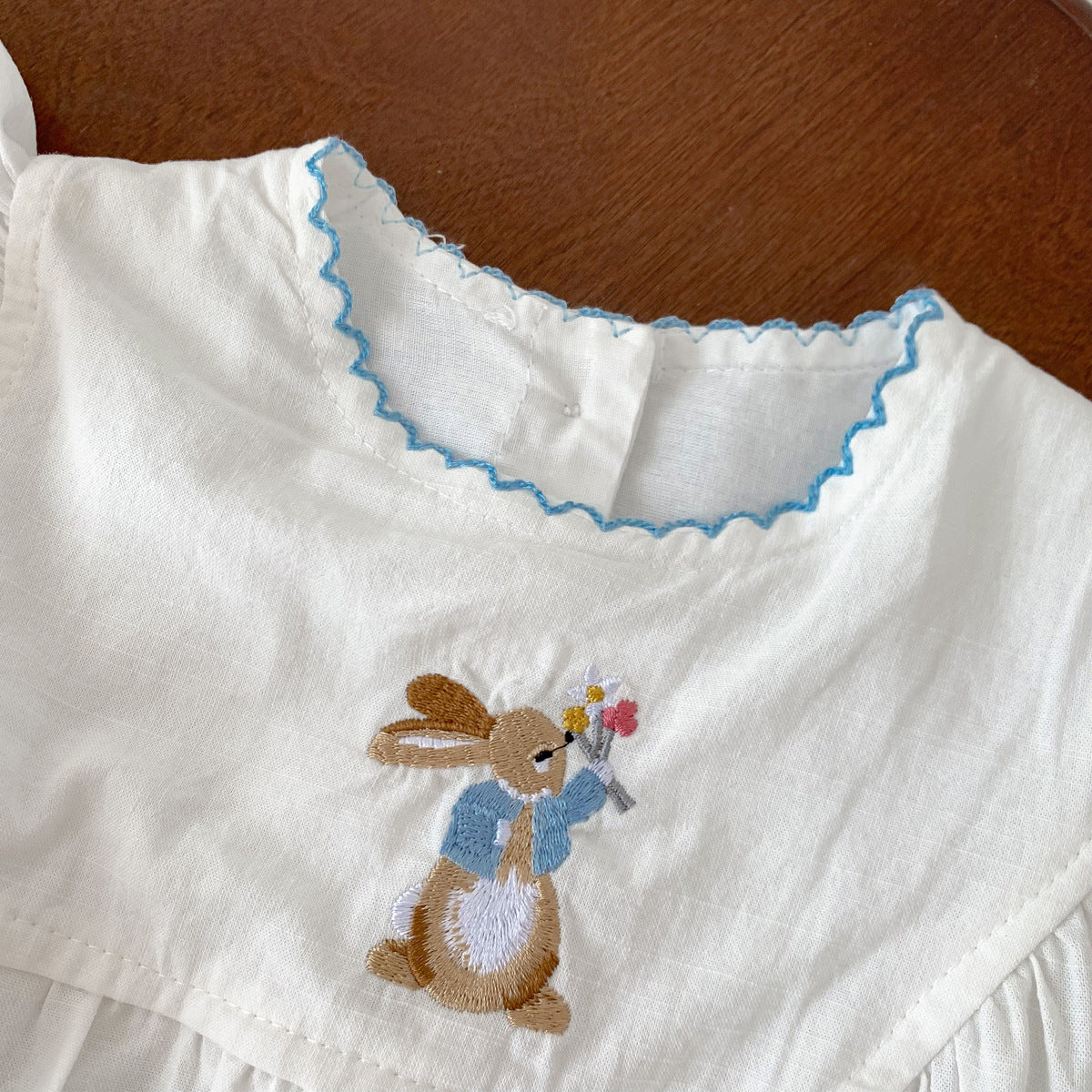 A baby summer new female treasure rabbit embroidery bag fart Ha clothes full moon 100 days clothes flying sleeves princess crawling clothes thin