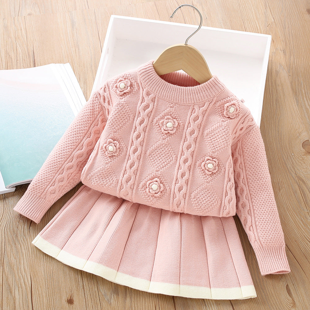 A girls sweater set autumn and winter new sweet foreign solid color three-dimensional flower knitted pullover two-piece set trendy