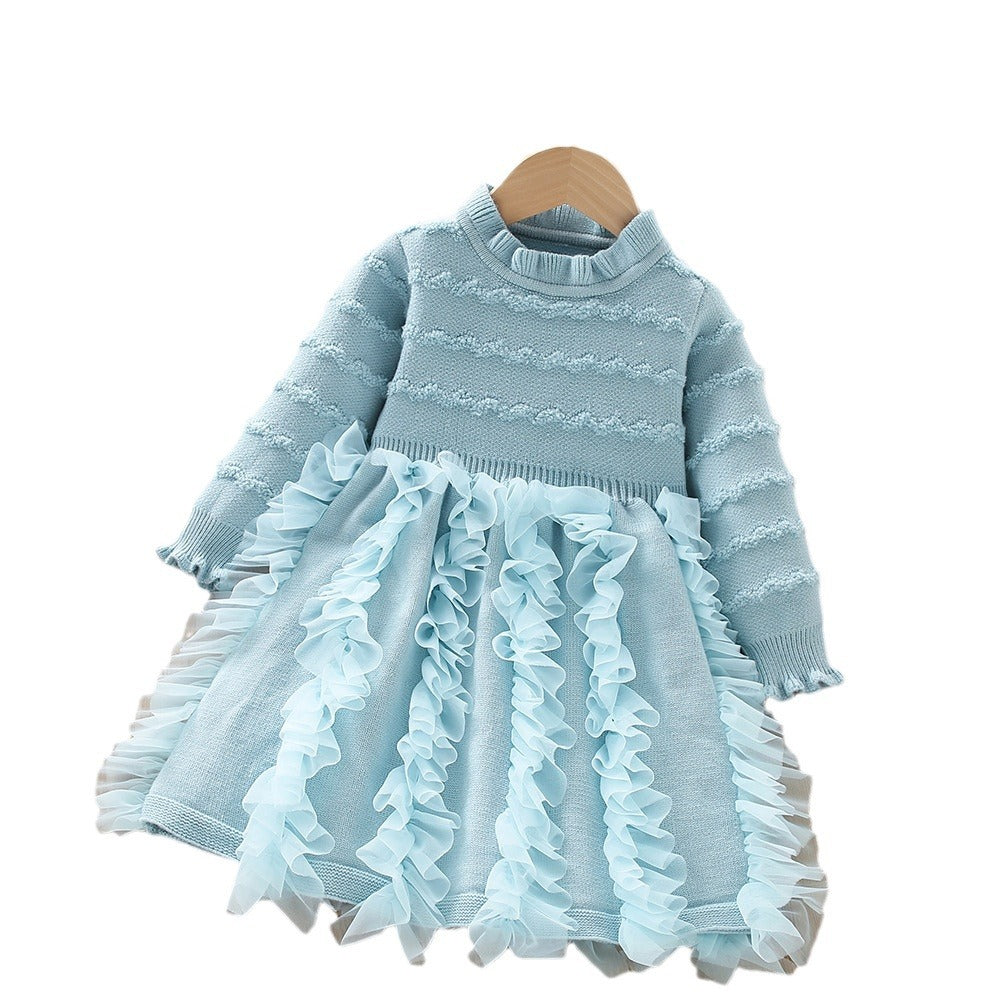 A girls sweater dress autumn and winter new Korean version of foreign style solid color little girl knitted long-sleeved princess dress tide