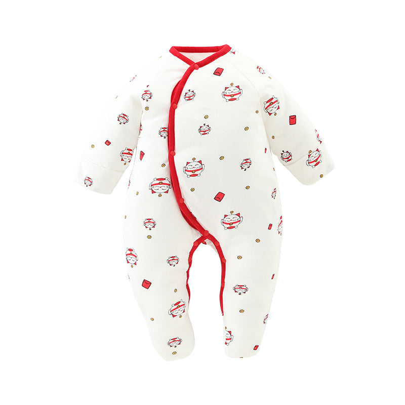 A Autumn and winter baby foot-wrapped onesie padded cotton newborn pure cotton cotton clothes go out to keep warm