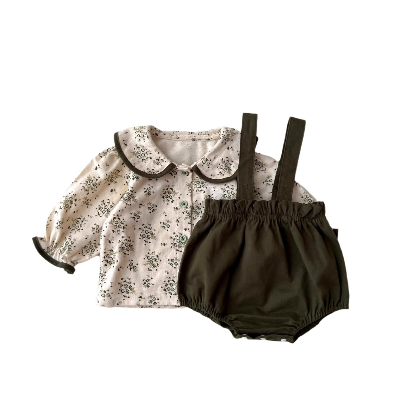 Traje de bebé nuevo estilo occidental coreano ropa de muñeca bebé camisa floral top con tirantes bolsa pantalones pedo traje de dos piezas 